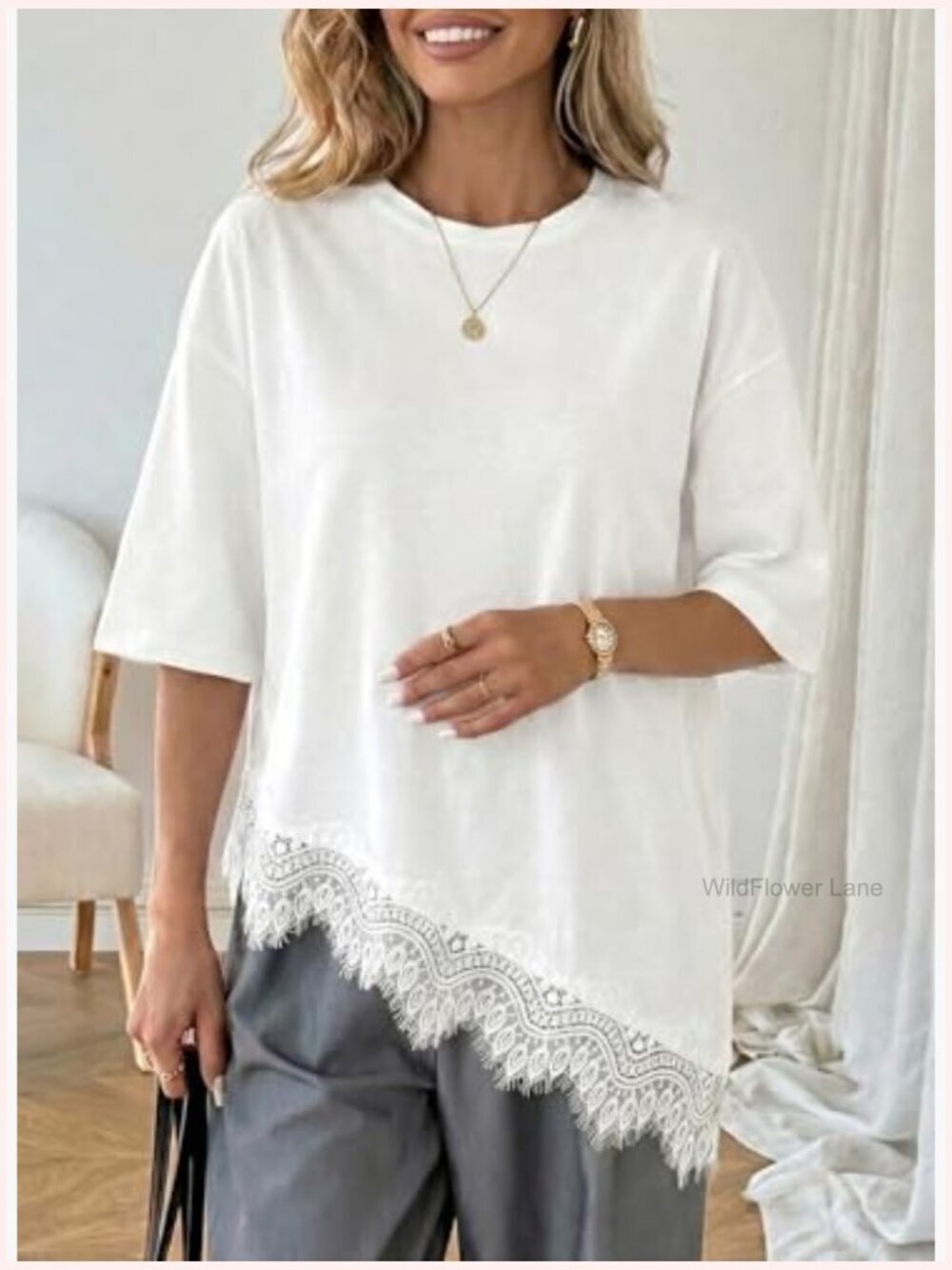 Crew Neck Half Sleeve T-Shirt Asymmetrical Hem Lace Patchwork Loose Fit Top - Picture 3 of 7